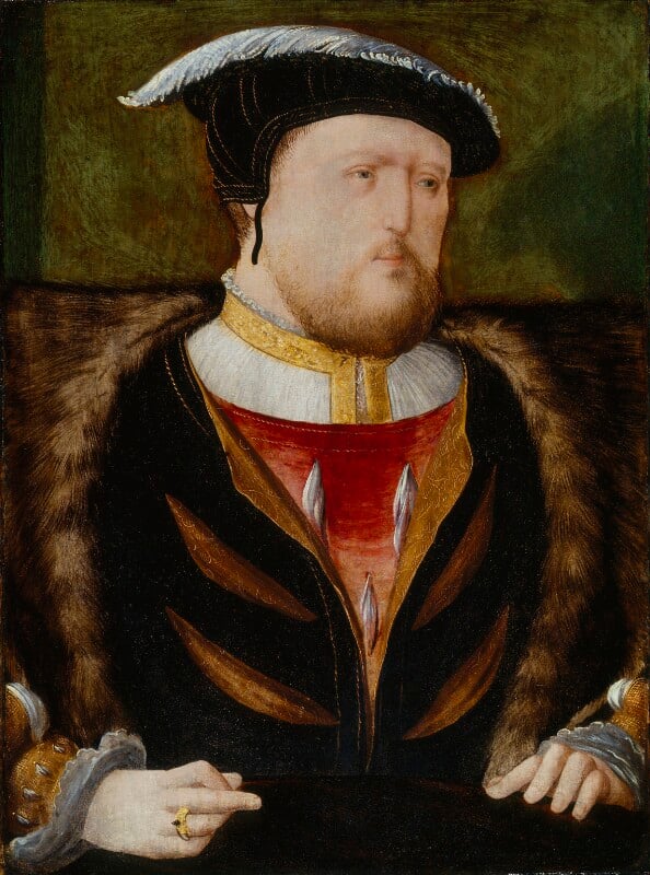 Portrait of King Henry VIII in royal regalia, the most famous Tudor monarch who reigned 1509-1547